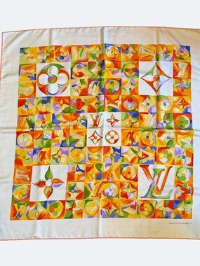 Louis Vuitton Vintage Colorful Silk Scarf Designer 100% Authentic 33” White